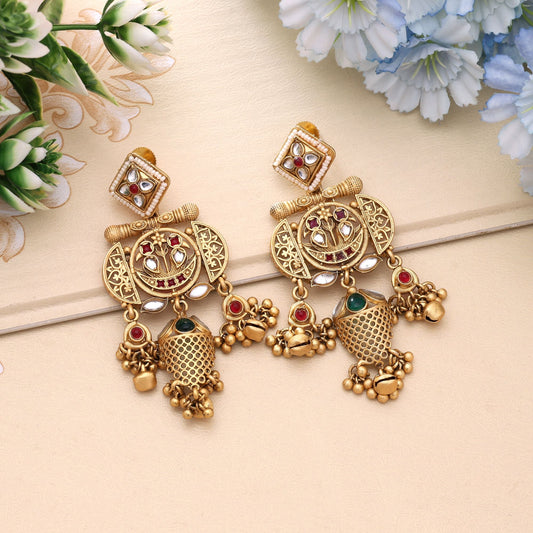 Rani & Green Color Premium Ethnic Matte Gold Earrings