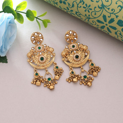 Green Color Festive Ethnic Matte Gold Earrings