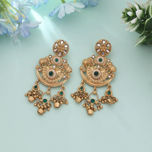 Green Color Festive Ethnic Matte Gold Earrings