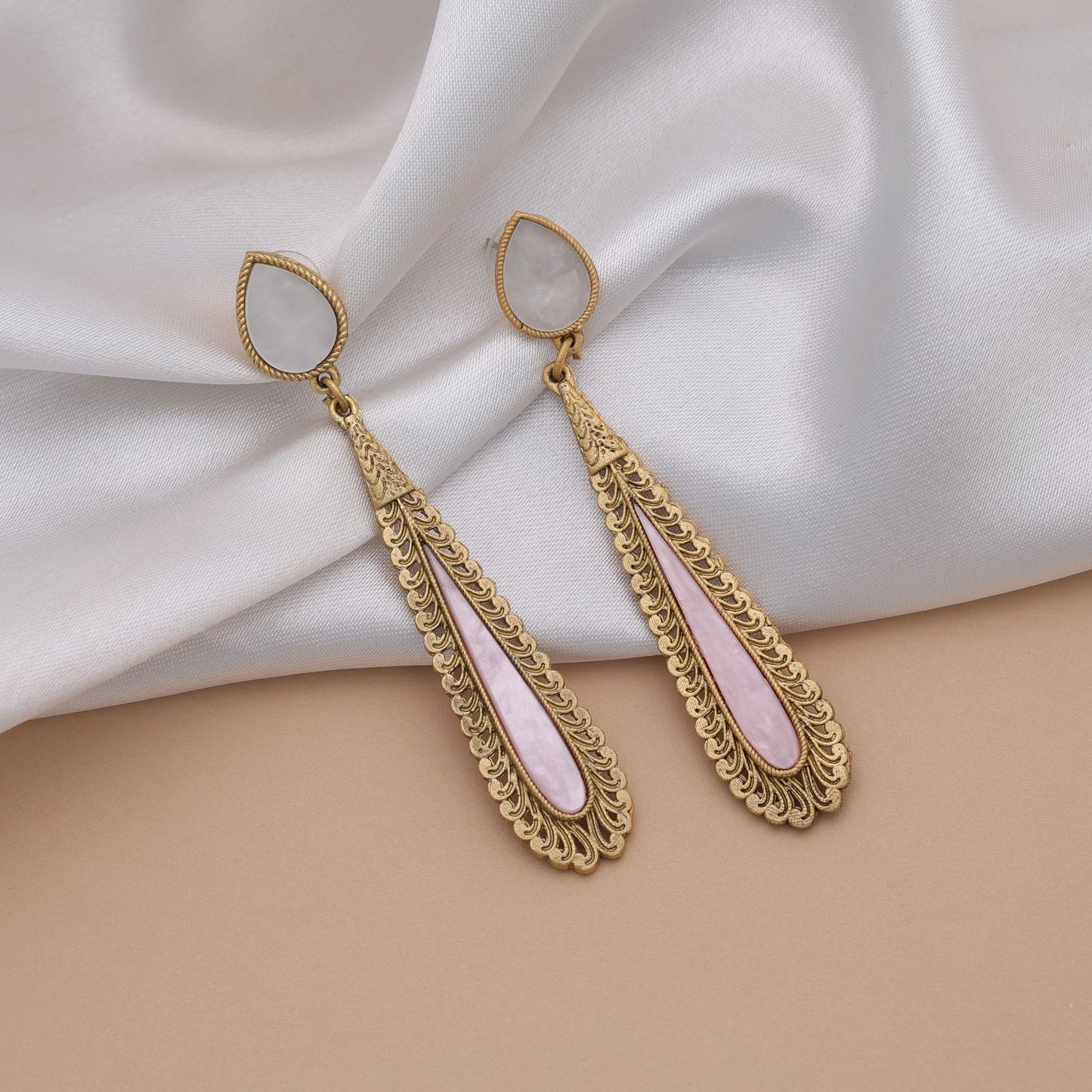Stylish Light Pink Color Matte Gold Earrings For Elegant Festive Traditional Wear Fashion