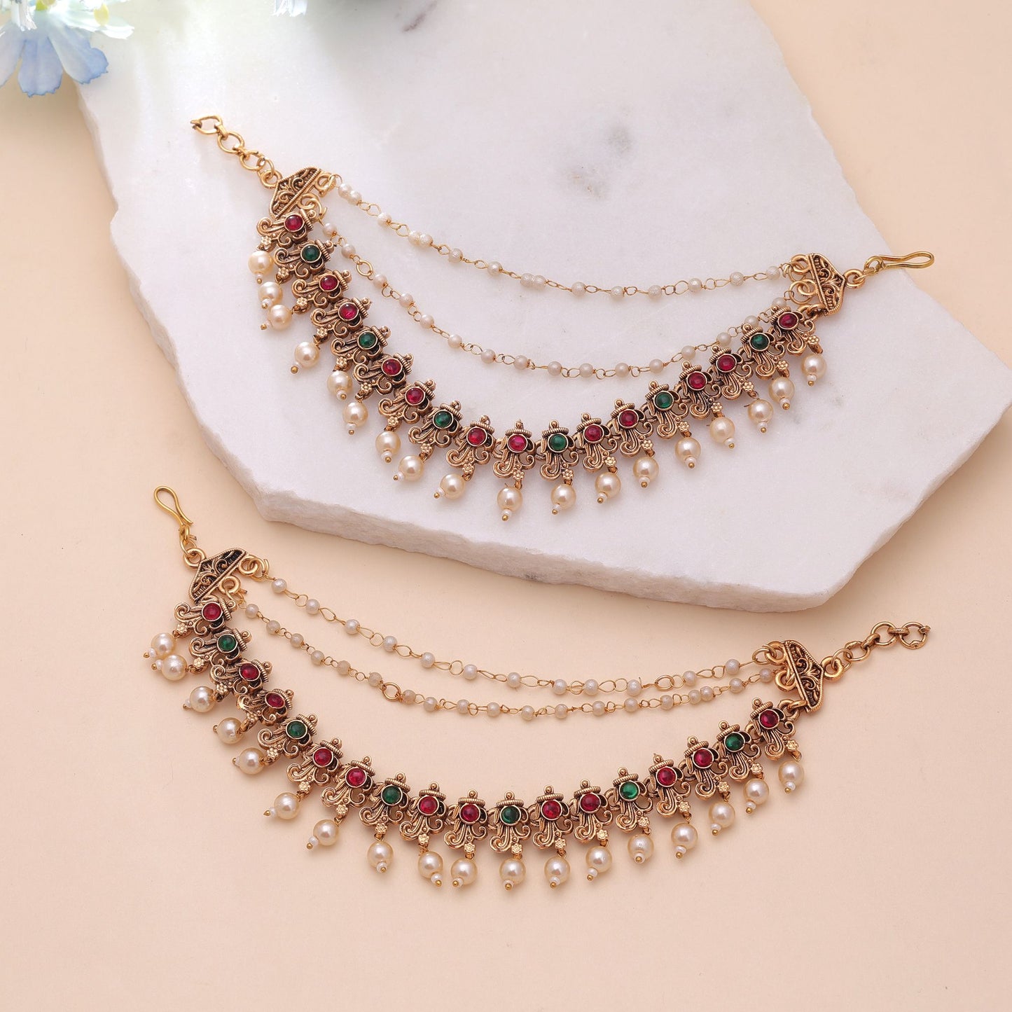 Rani & Green Color Matte Gold Earrings Chain with Traditional Ethnic Styling