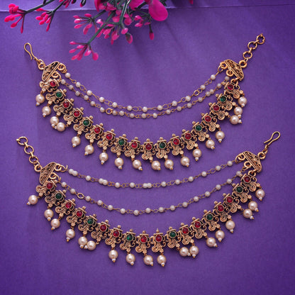 Rani & Green Color Matte Gold Earrings Chain with Traditional Ethnic Styling