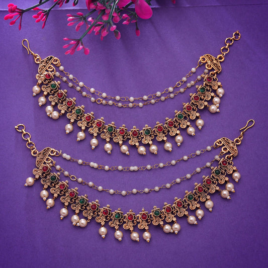 Rani & Green Color Matte Gold Earrings Chain with Traditional Ethnic Styling