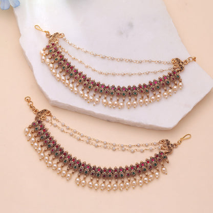 Rani & Green Color Matte Gold Earrings Chain with Premium Temple Inspired Look