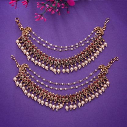 Rani & Green Color Matte Gold Earrings Chain with Premium Temple Inspired Look