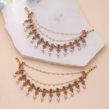 Rani & Green Color Matte Gold Earrings Chain with Antique Traditional Appeal