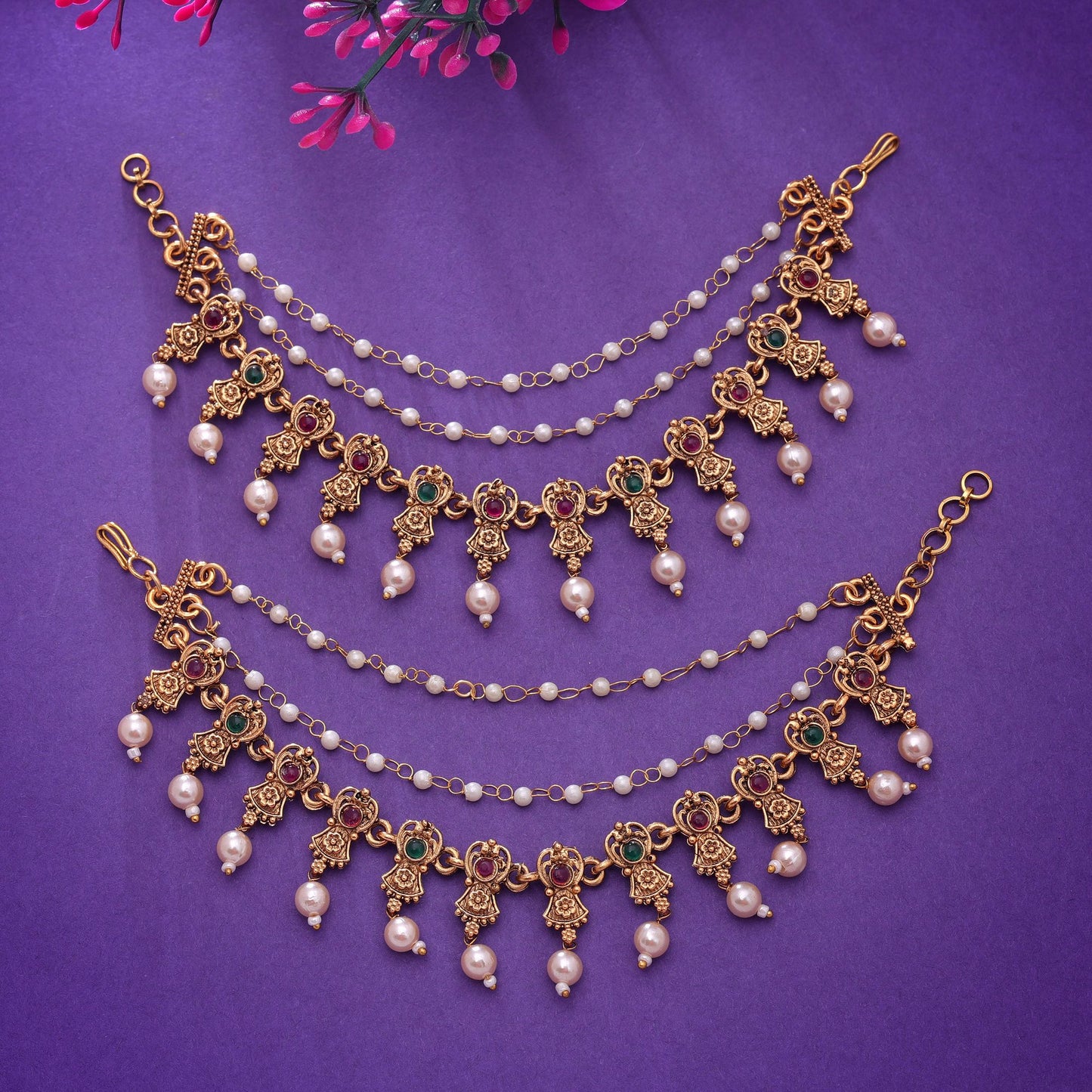 Rani & Green Color Matte Gold Earrings Chain with Antique Traditional Appeal