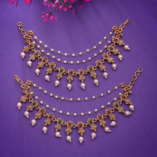 Rani & Green Color Matte Gold Earrings Chain with Antique Traditional Appeal