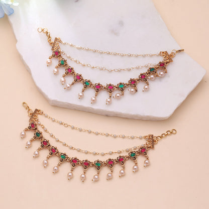 Rani & Green Color Matte Gold Earrings Chain with Festive Ethnic Design