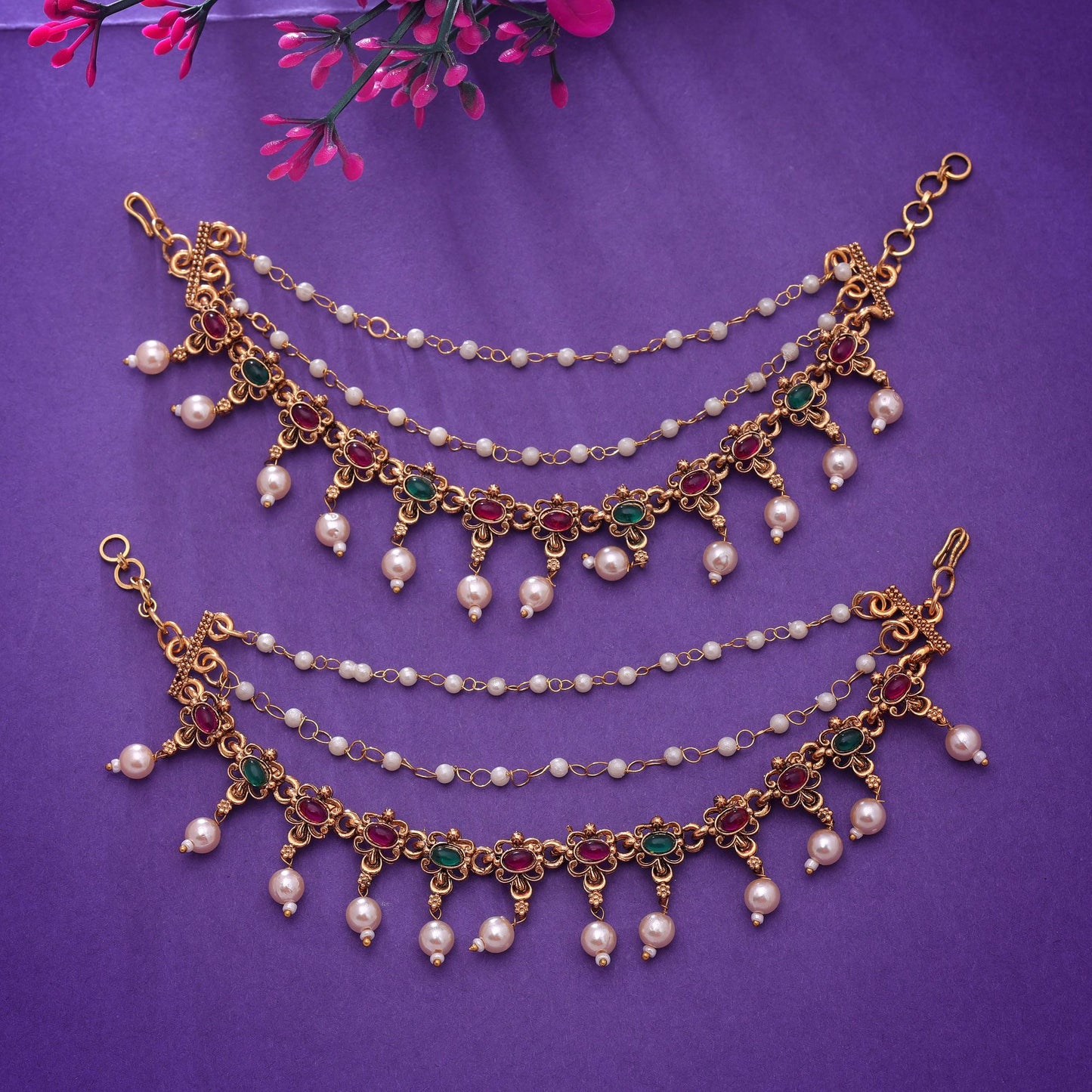 Rani & Green Color Matte Gold Earrings Chain with Festive Ethnic Design