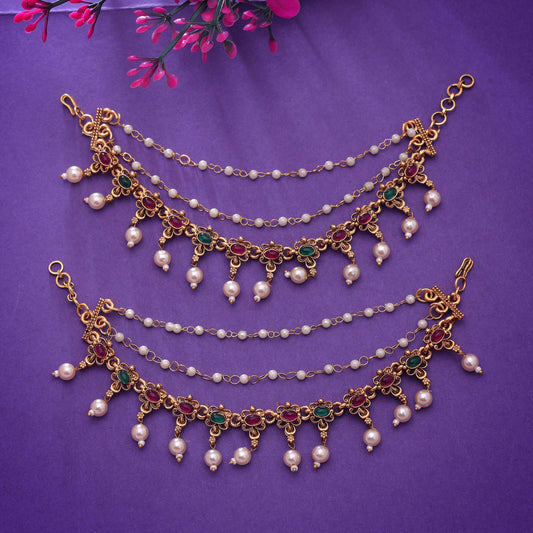 Rani & Green Color Matte Gold Earrings Chain with Festive Ethnic Design