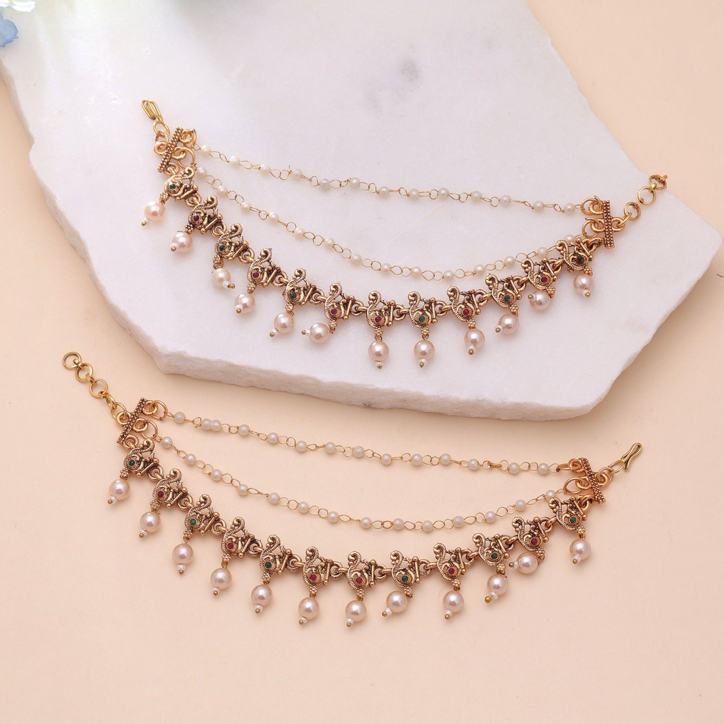 Rani & Green Color Matte Gold Earrings Chain with Royal Heritage Styling