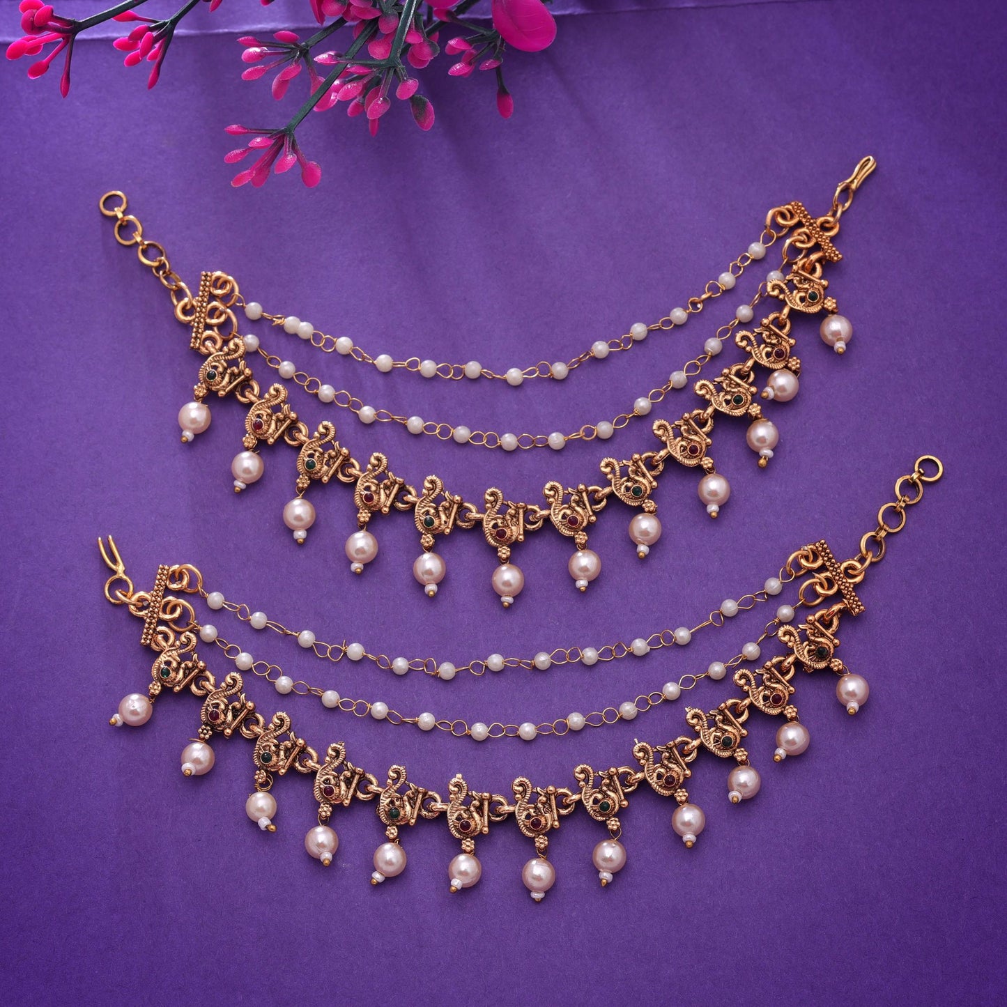 Rani & Green Color Matte Gold Earrings Chain with Royal Heritage Styling