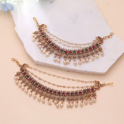 Rani & Green Color Matte Gold Earrings Chain with Intricate Artistic Details
