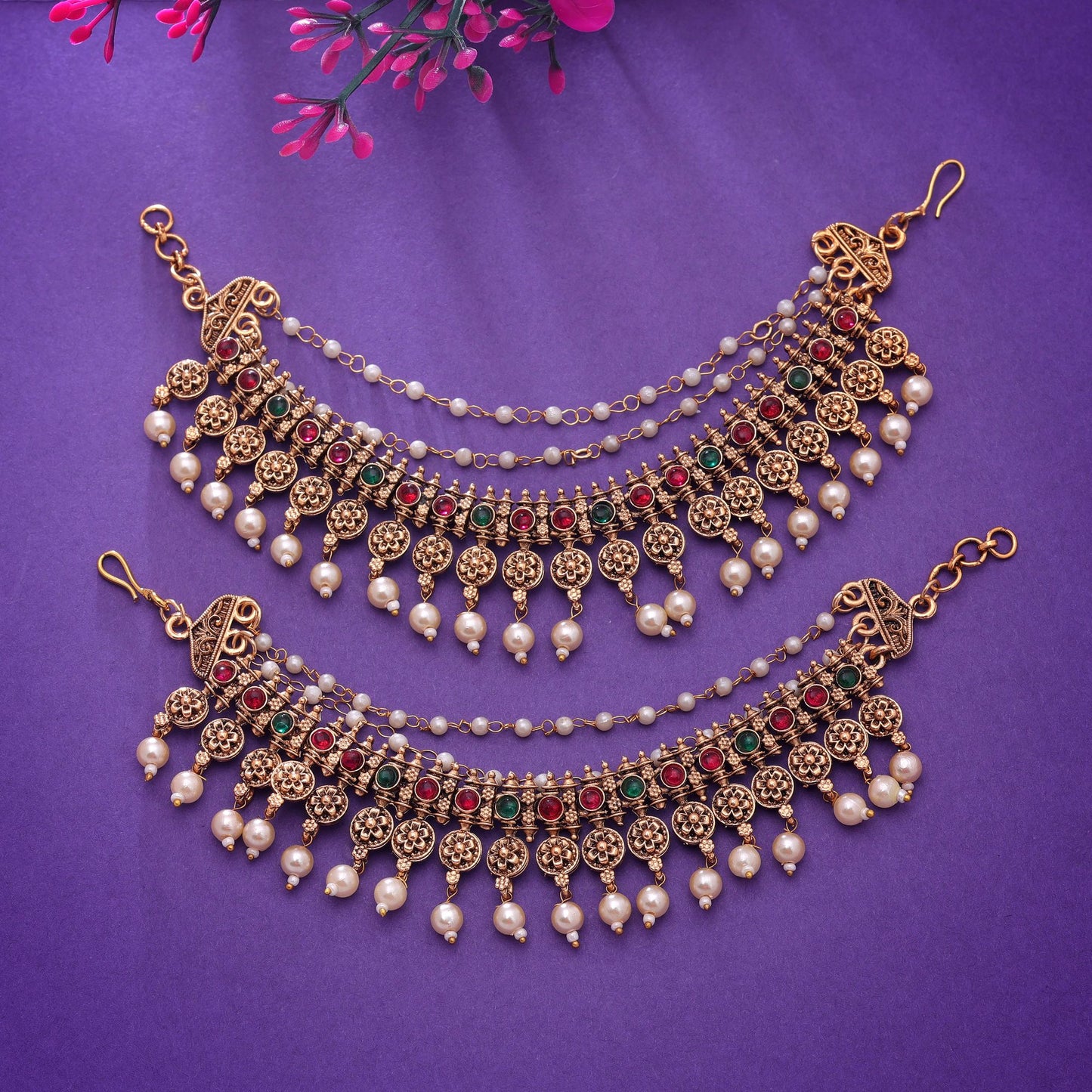 Rani & Green Color Matte Gold Earrings Chain with Intricate Artistic Details