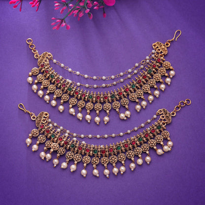 Rani & Green Color Matte Gold Earrings Chain with Intricate Artistic Details