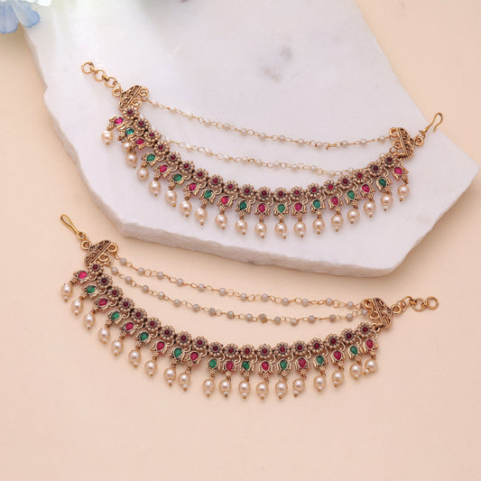Rani Color Matte Gold Earrings Chain with Traditional South Indian Charm