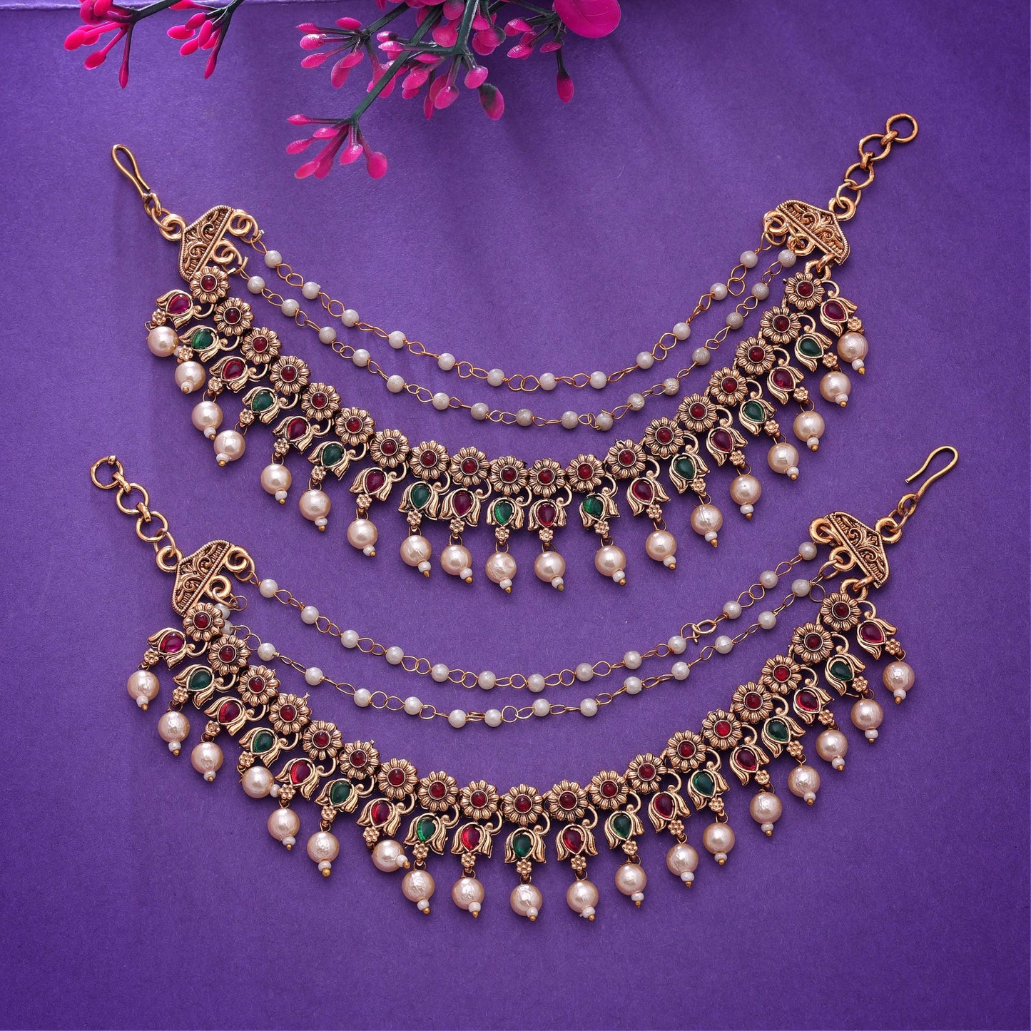Rani Color Matte Gold Earrings Chain with Traditional South Indian Charm