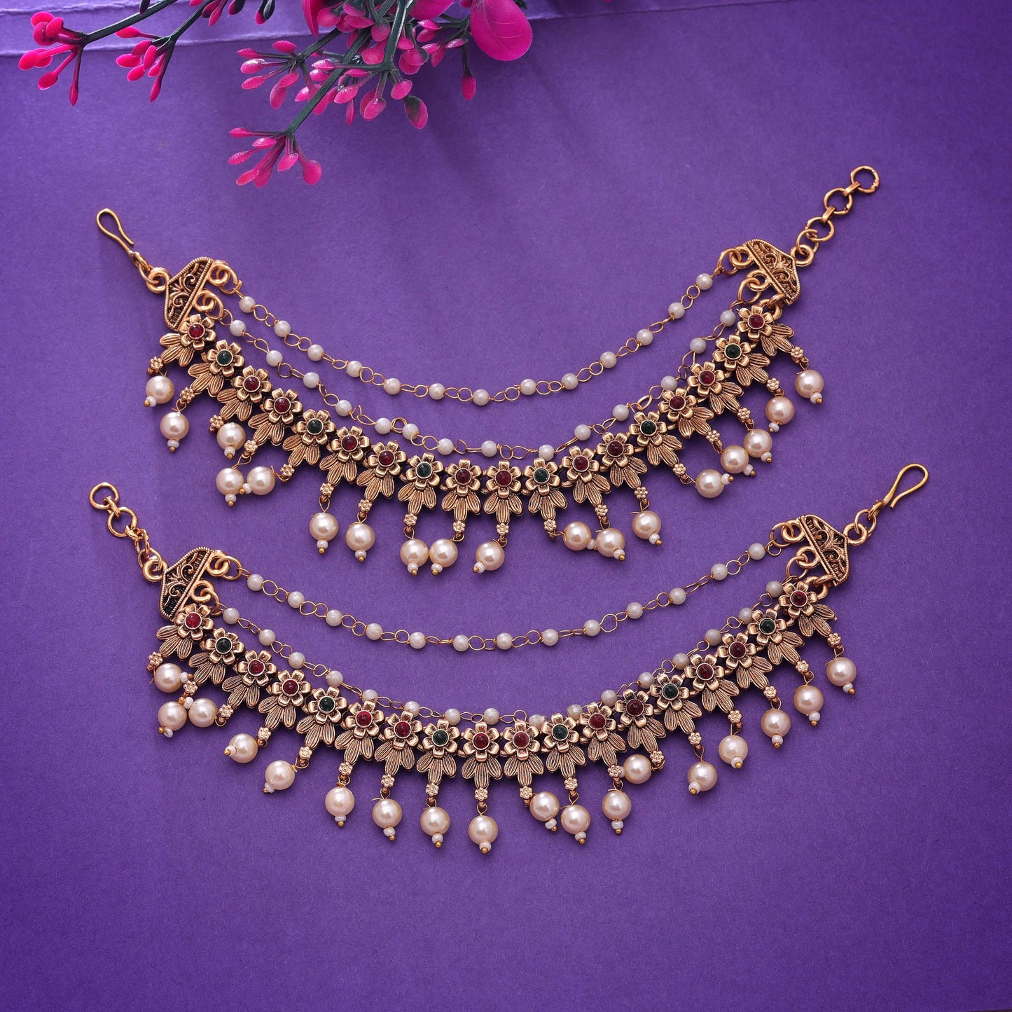 Rani & Green Color Matte Gold Earrings Chain with Premium Cultural Elegance