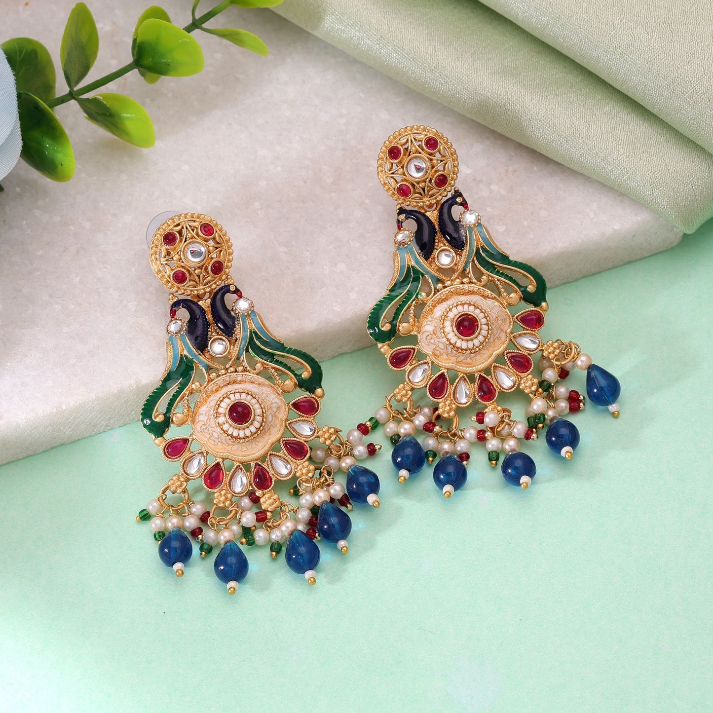 Multi Color Matte Gold Earrings with Elegant Traditional Designer Ethnic Jewelry Finish