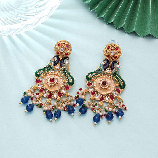 Multi Color Matte Gold Earrings with Elegant Traditional Designer Ethnic Jewelry Finish