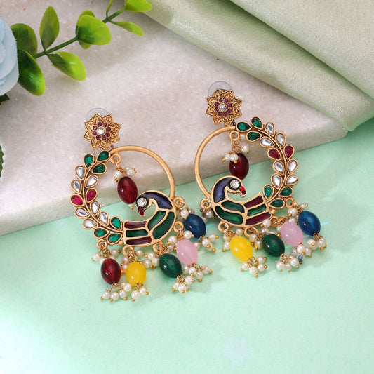 Multi Color Matte Gold Earrings Crafted for Stylish Traditional Party Wear Look