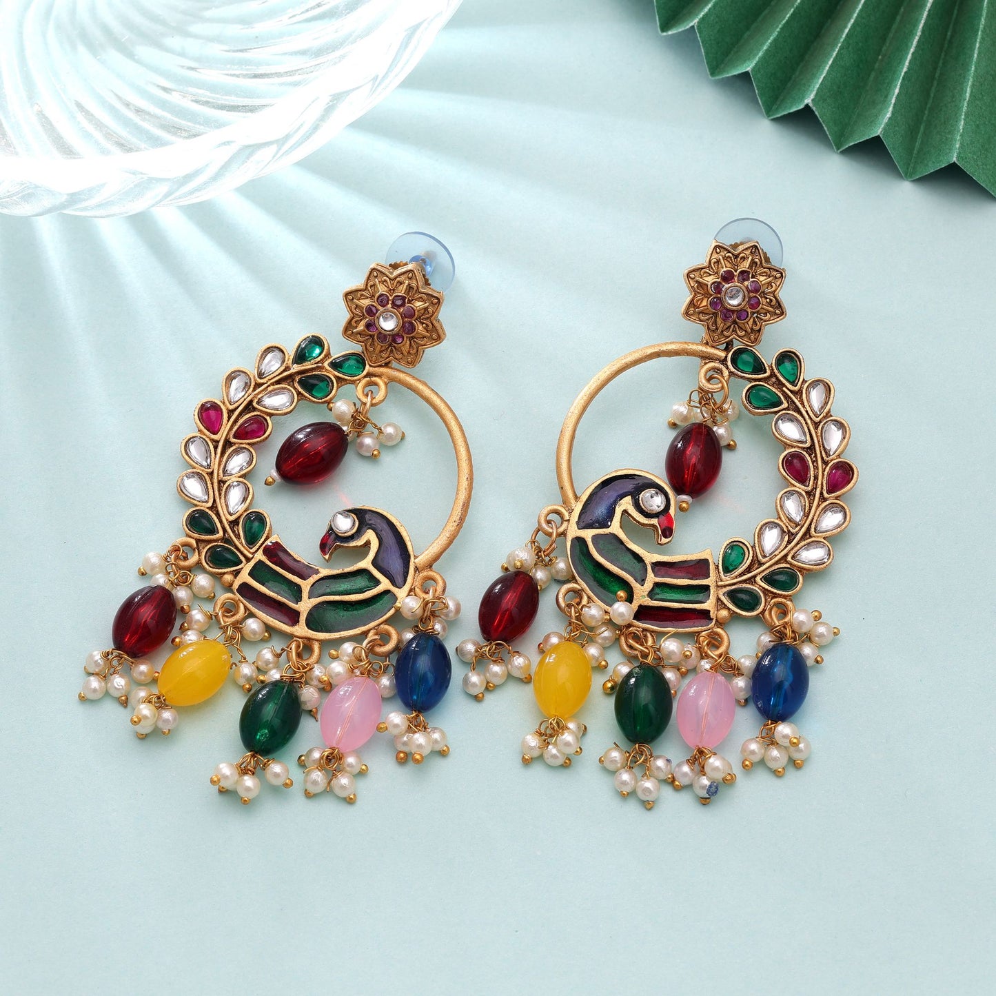 Multi Color Matte Gold Earrings Crafted for Stylish Traditional Party Wear Look