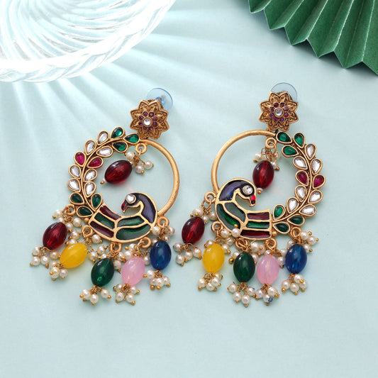 Multi Color Matte Gold Earrings Crafted for Stylish Traditional Party Wear Look