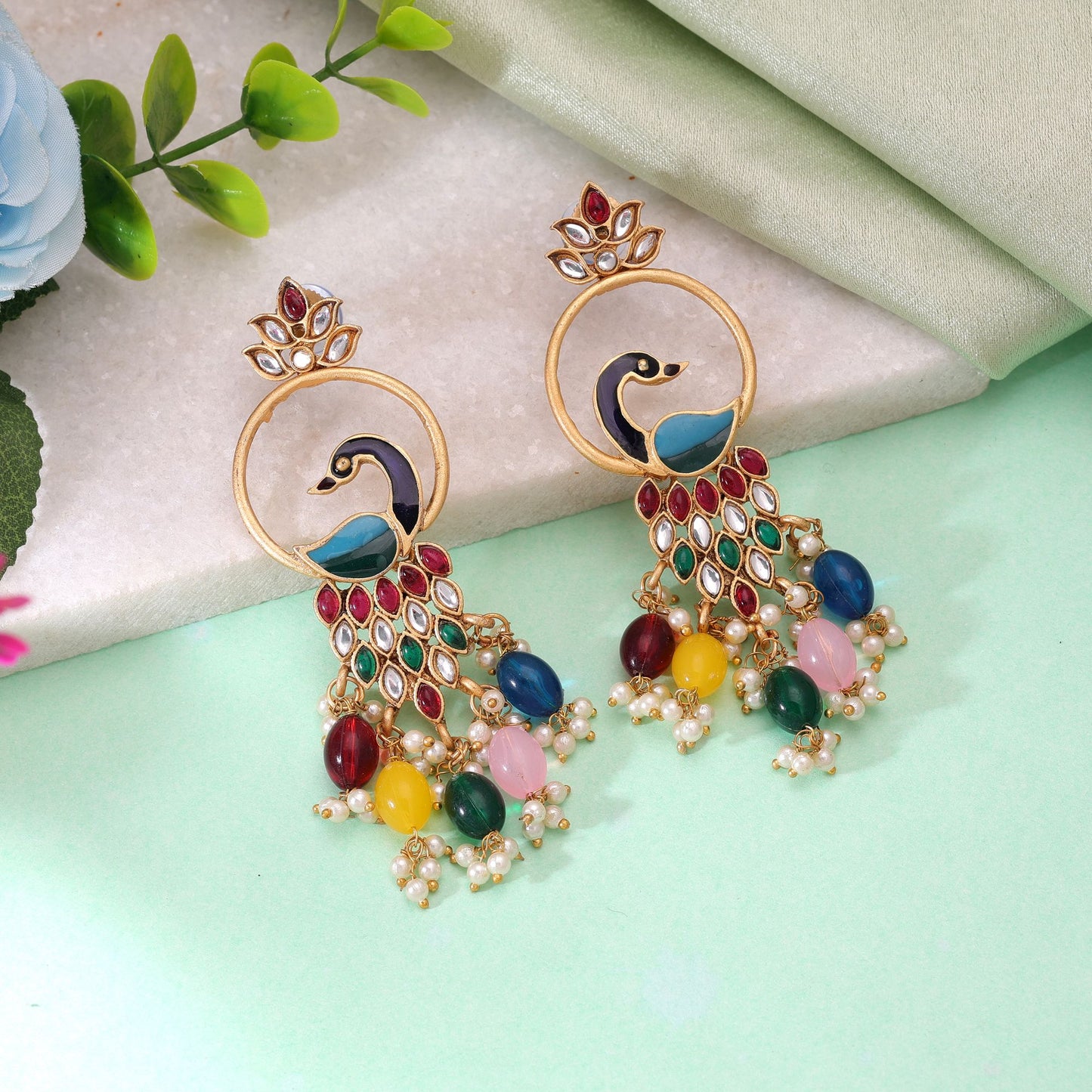Multi Color Matte Gold Earrings Featuring Royal Designer Handmade Craftsmanship Style