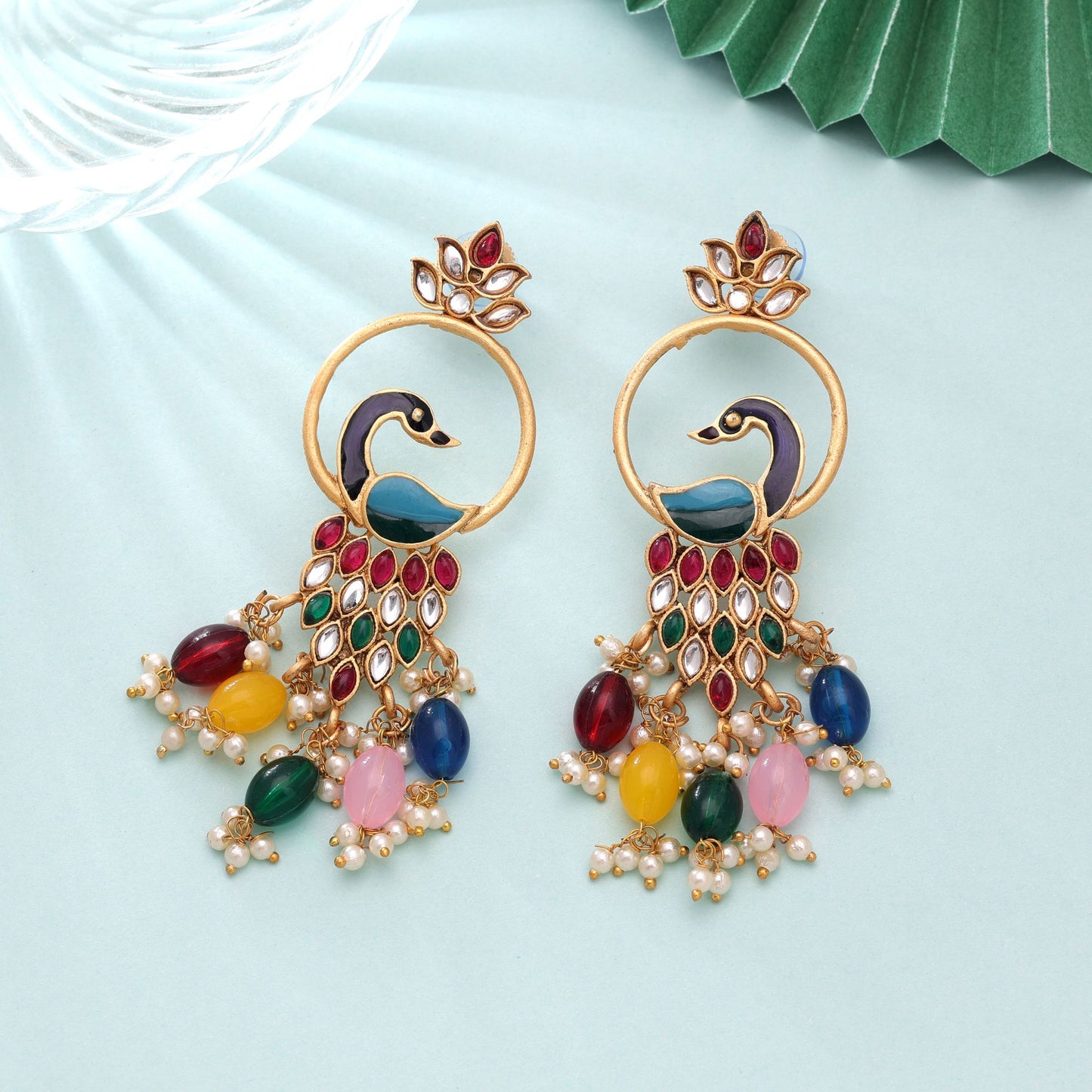 Multi Color Matte Gold Earrings Featuring Royal Designer Handmade Craftsmanship Style