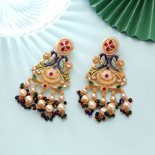 Multi Color Matte Gold Earrings with Classic Festive Traditional Jewelry Elegance