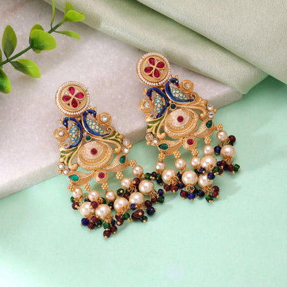 Multi Color Matte Gold Earrings with Classic Festive Traditional Jewelry Elegance
