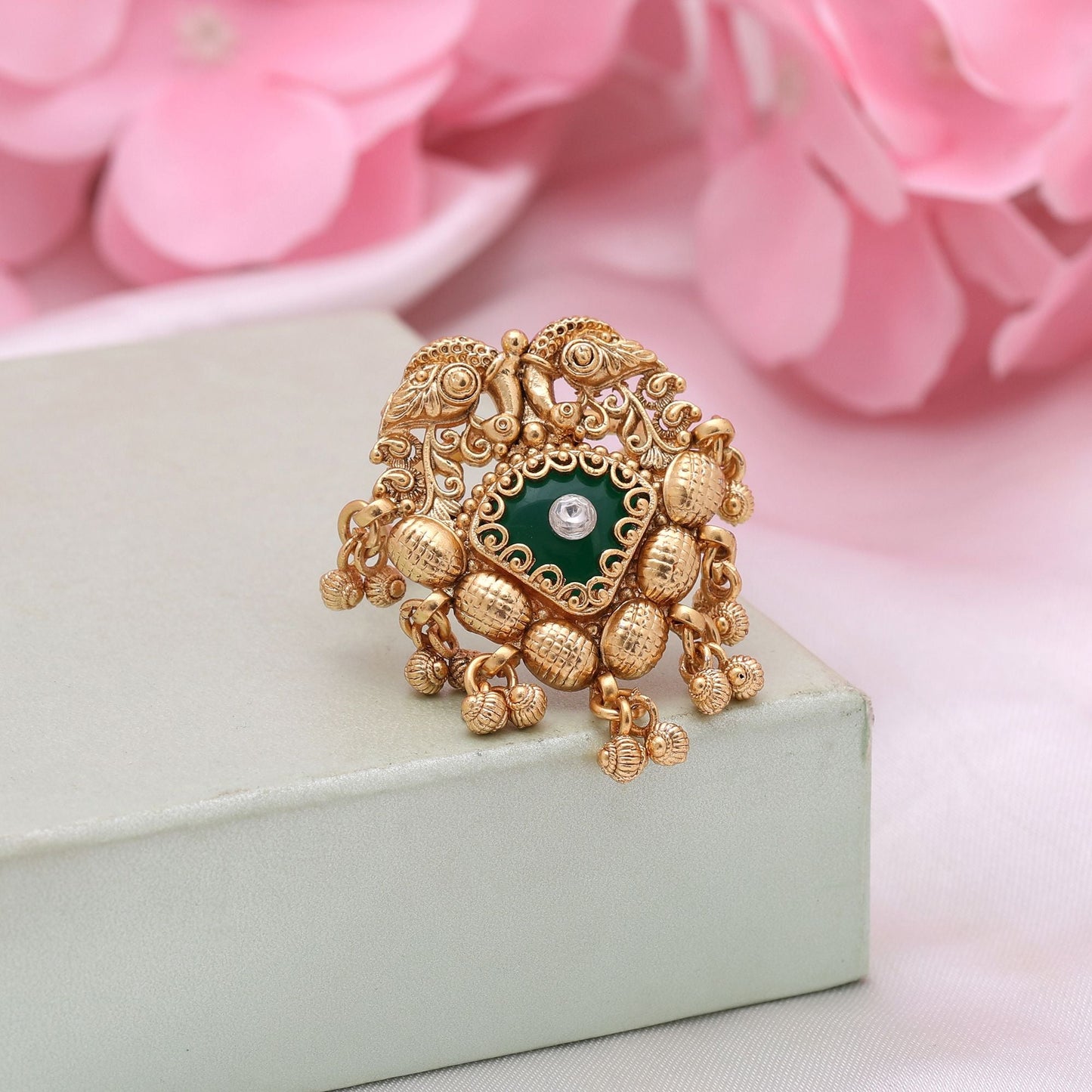 Green Color Matte Gold Rings Inspired By Traditional Craftsmanship For Graceful Everyday Wear
