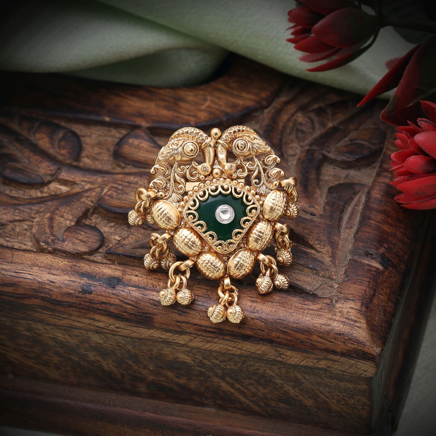 Green Color Matte Gold Rings Inspired By Traditional Craftsmanship For Graceful Everyday Wear