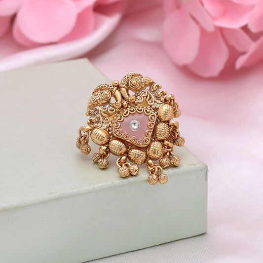 Pink Color Matte Gold Rings Designed With Elegant Detailing For Festive Ethnic Styling