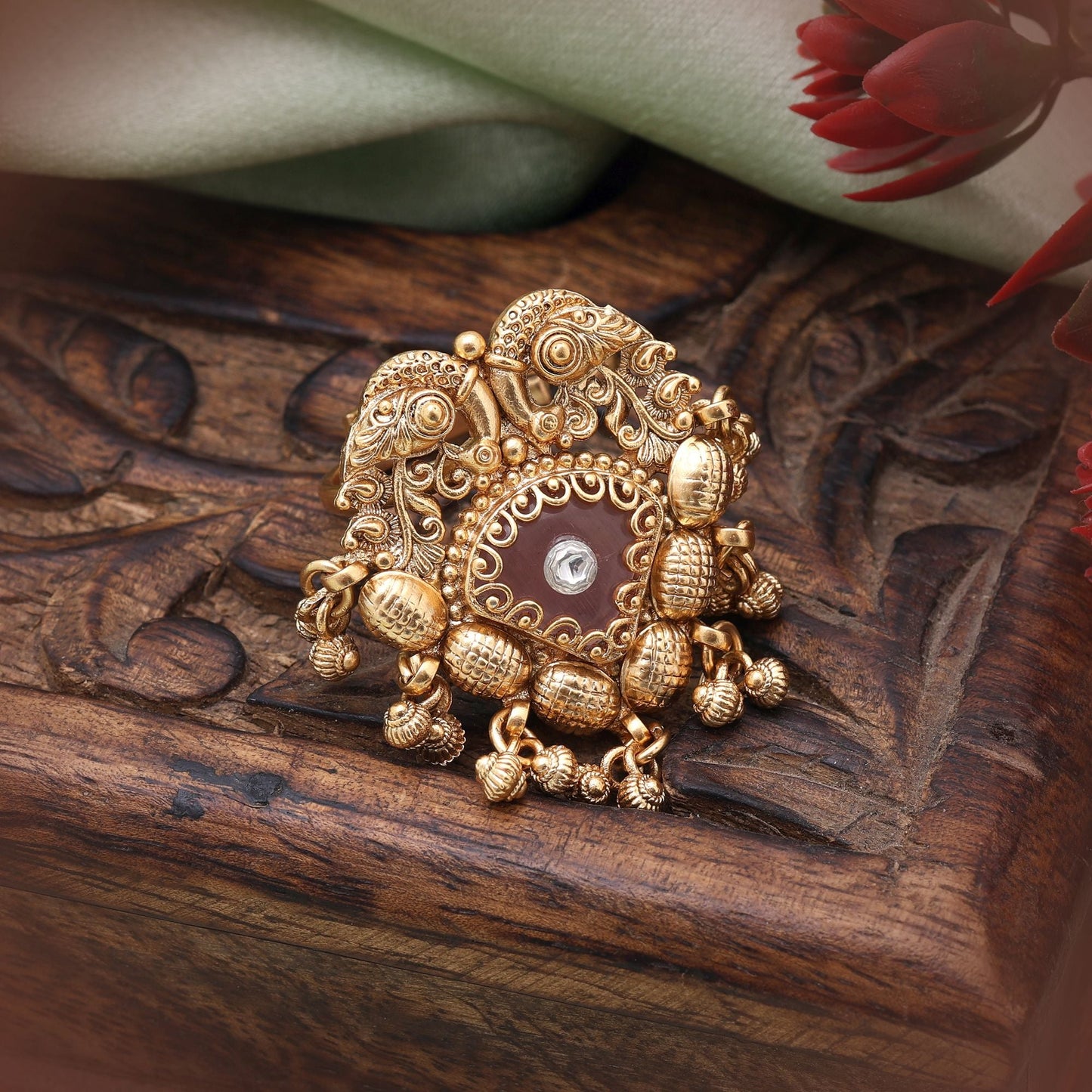 Pink Color Matte Gold Rings Designed With Elegant Detailing For Festive Ethnic Styling