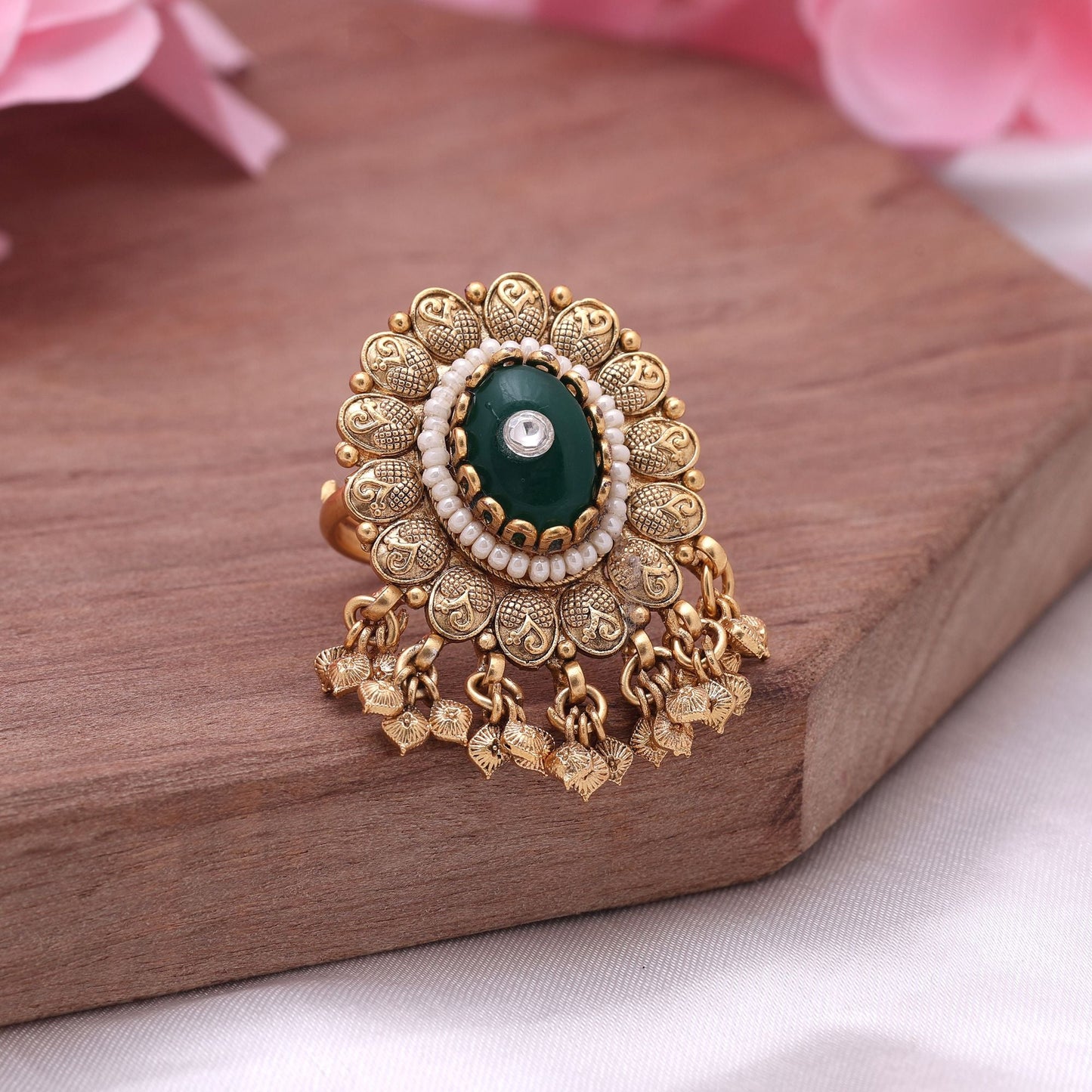 Green Color Matte Gold Rings Offering Rich Texture And Classic Indian Inspired Aesthetics