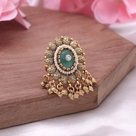 Pista Green Color Matte Gold Rings With Subtle Elegance And Handcrafted Ethnic Appeal