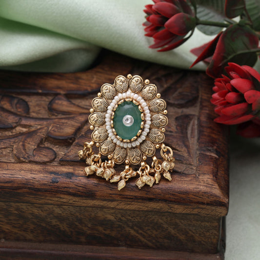 Pista Green Color Matte Gold Rings With Subtle Elegance And Handcrafted Ethnic Appeal