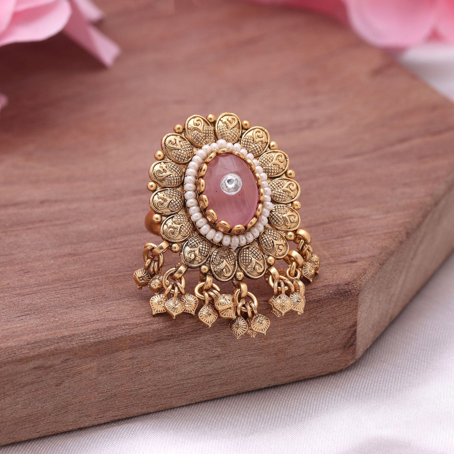 Pink Color Matte Gold Rings Showcasing Delicate Patterns Perfect For Traditional Jewellery Lovers