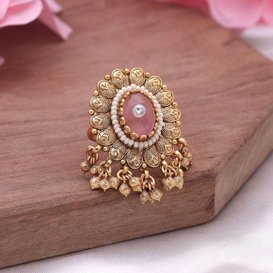 Pink Color Matte Gold Rings Showcasing Delicate Patterns Perfect For Traditional Jewellery Lovers