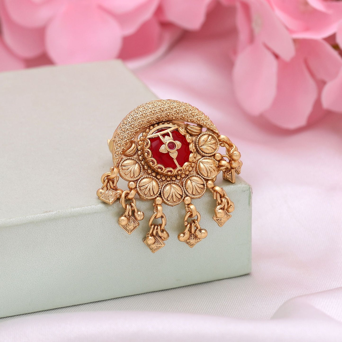 Red Color Matte Gold Rings Styled To Enhance Festive Outfits With Royal Elegance