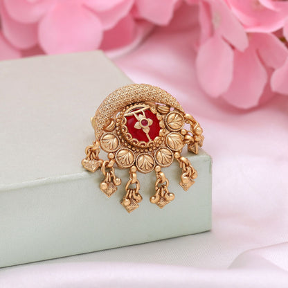 Red Color Matte Gold Rings Styled To Enhance Festive Outfits With Royal Elegance