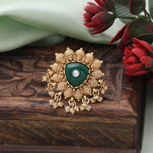 Green Color Matte Gold Rings Crafted For Bold Ethnic Fashion And Statement Looks