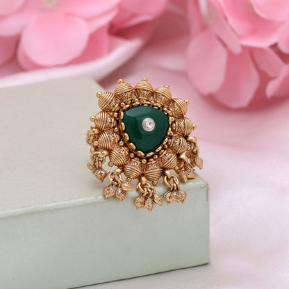 Green Color Matte Gold Rings Crafted For Bold Ethnic Fashion And Statement Looks