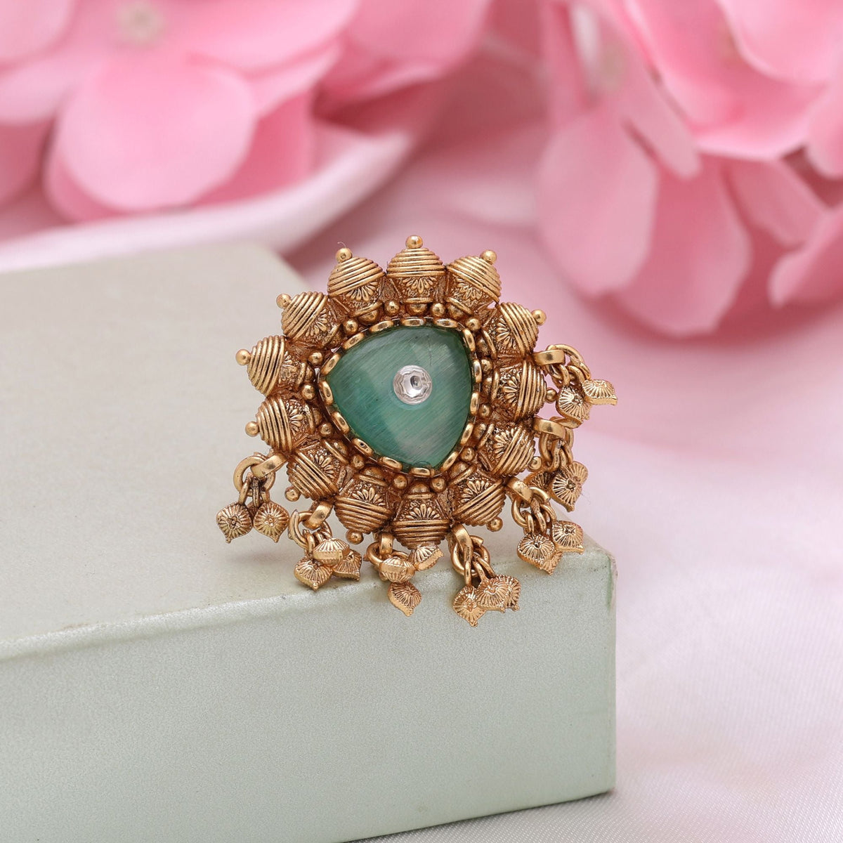 Pista Green Color Matte Gold Rings Perfect For Elegant Styling And Special Celebrations