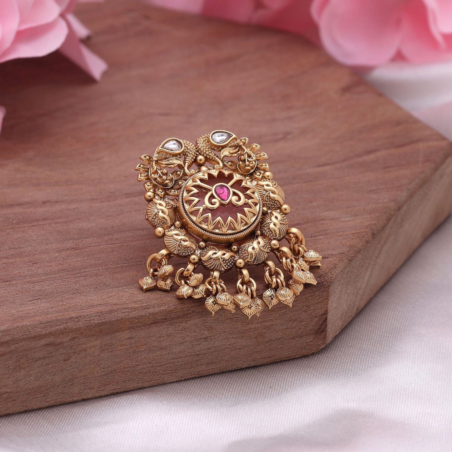 Pink Color Matte Gold Rings Designed To Complement Ethnic Outfits With Graceful Charm