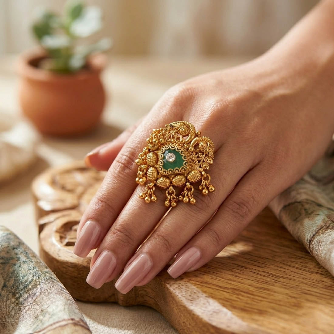 Pista Green Color Matte Gold Rings Stylish Designer Daily Wear Jewelry