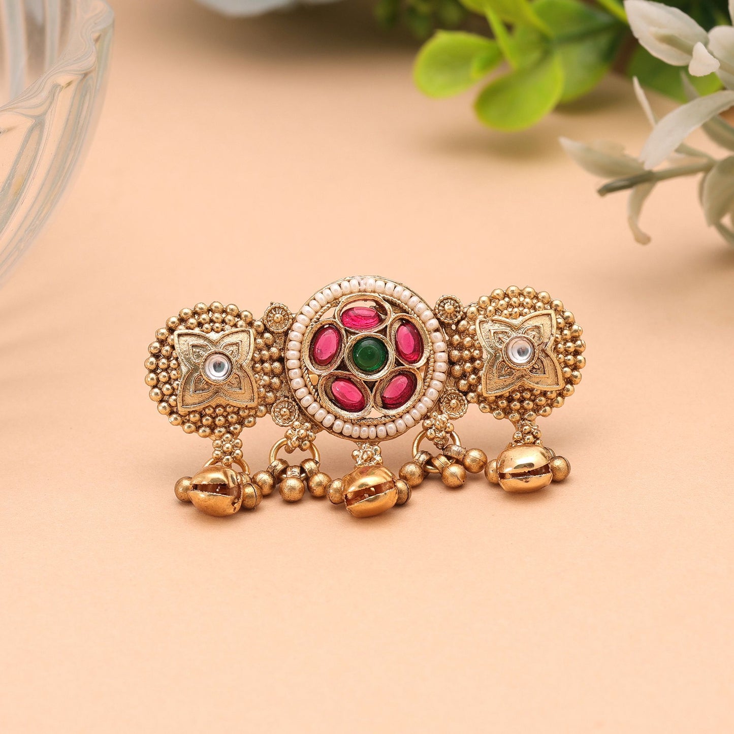 Green & Rani Color Matte Gold Plated Kashmiri Ring with Traditional Elegant Finish
