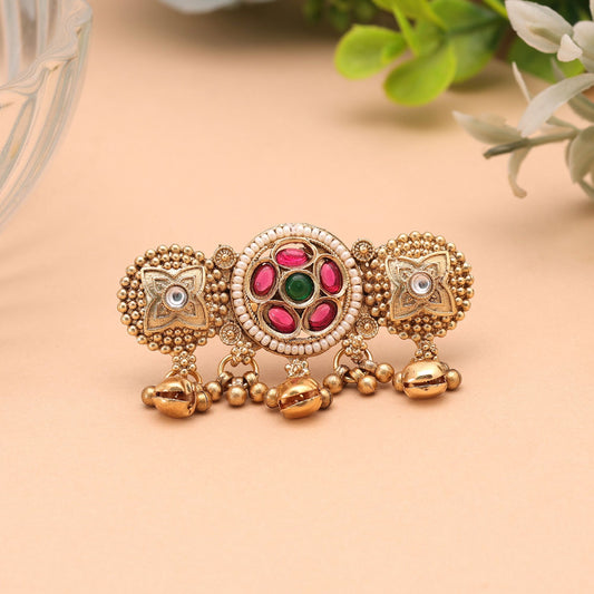 Green & Rani Color Matte Gold Plated Kashmiri Ring with Traditional Elegant Finish